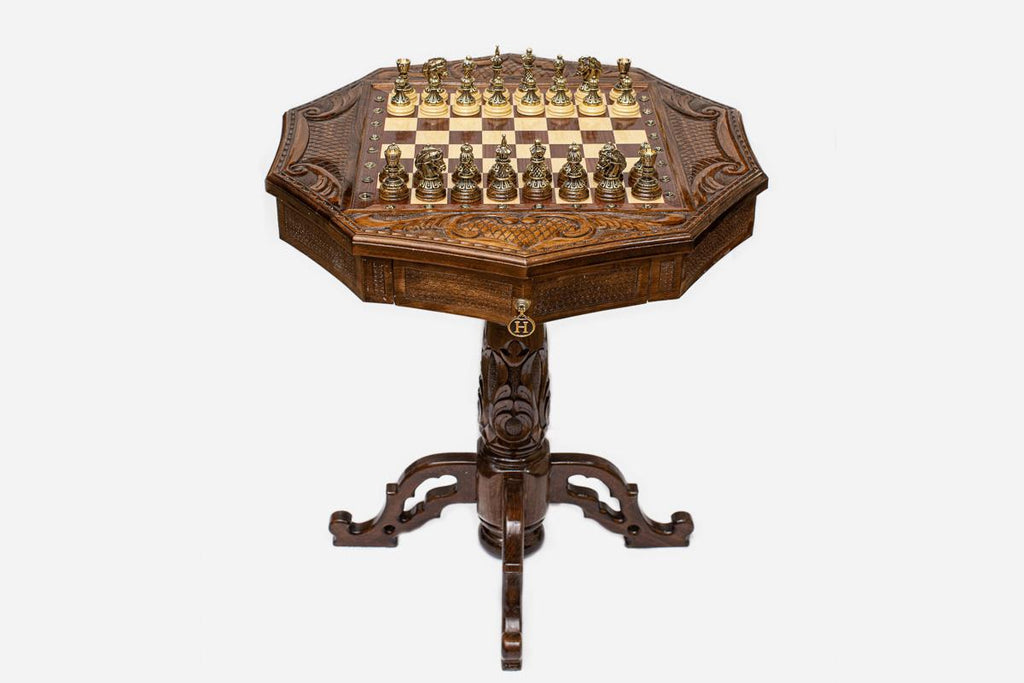 Decagon Beech Chess Table with Bronze Pieces