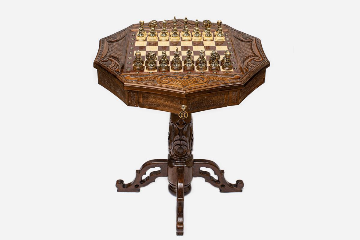Decagon Beech Chess Table with Bronze Pieces