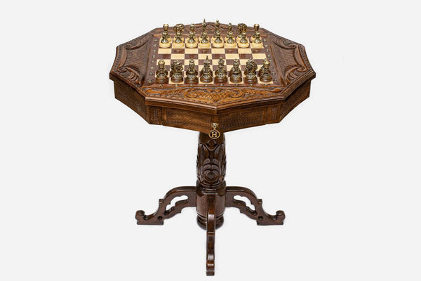 Decagon Beech Chess Table with Bronze Pieces