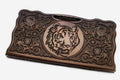 Carved beechwood backgammon board with a tiger medallion and a carry handle, propped open