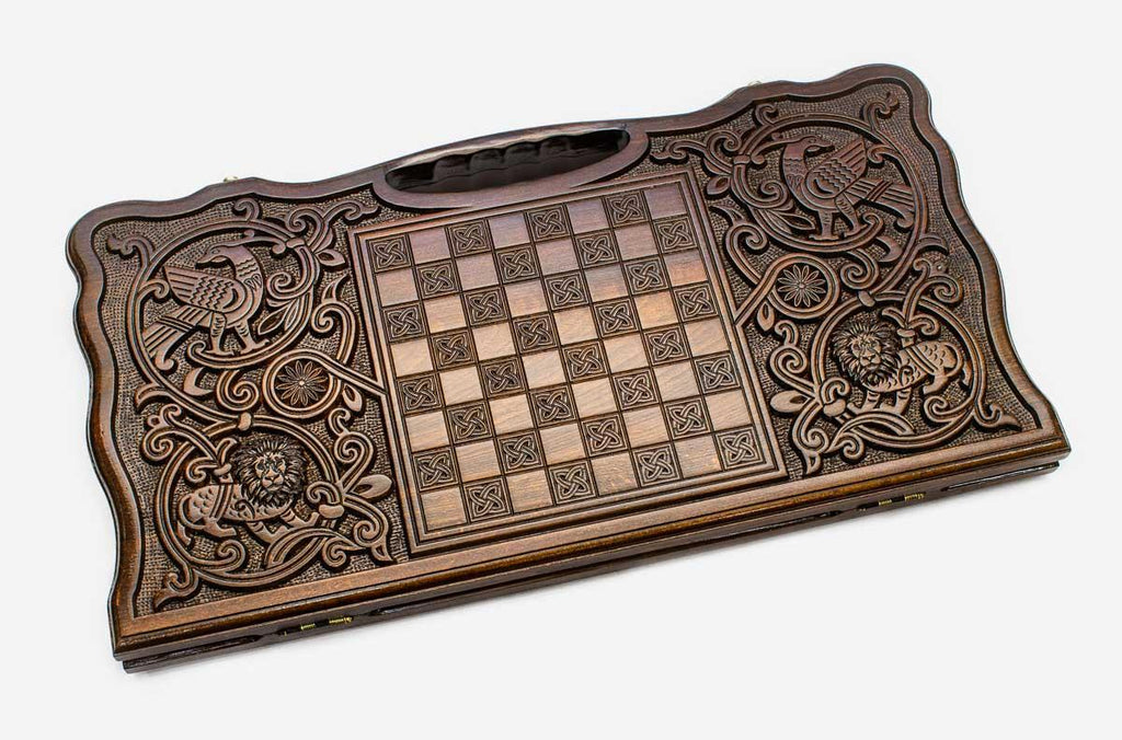 Angled view of the tiger luxe carved backgammon board