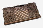 Angled view of the tiger luxe carved backgammon board