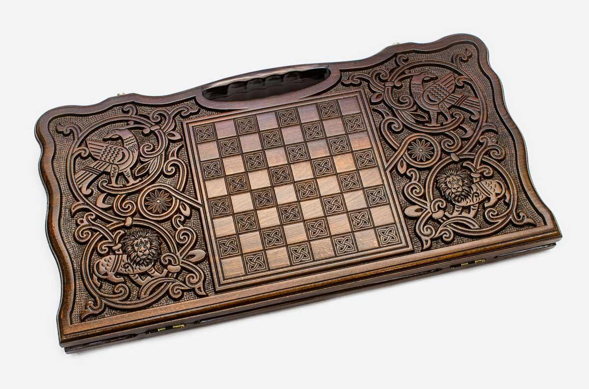 Angled view of the tiger luxe carved backgammon board