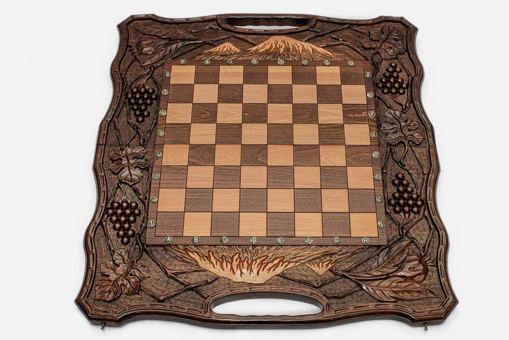 Mount Ararat, Pomegranate and Grapevine chess and backgammon set shown folded with carry handle