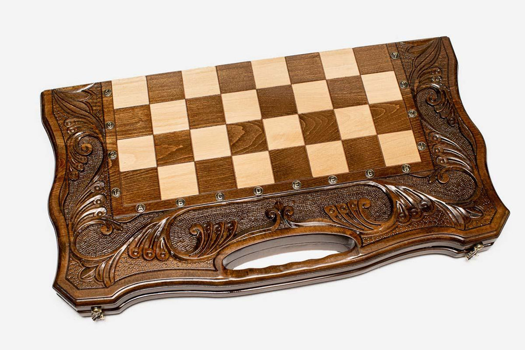 Ornamental Rosette chess and backgammon set shown folded with carry handle