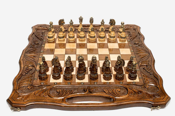 Ornamental Rosette Beech Chess and Backgammon Set with Bronze Pieces