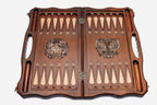 Overhead view of the chessboard and full set of light and dark pieces