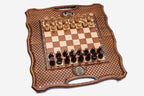 The opened board showing its backgammon layout with wooden checkers