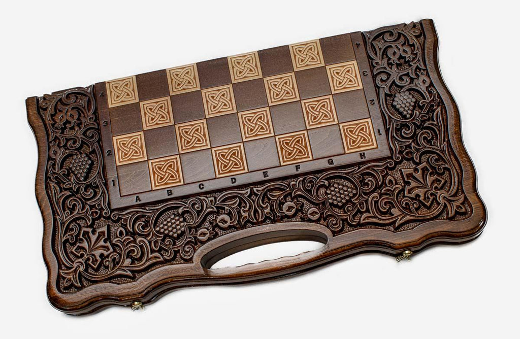 Pomegranate and Grapevine chess and backgammon set shown folded with carry handle