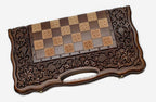 Pomegranate and Grapevine chess and backgammon set shown folded with carry handle