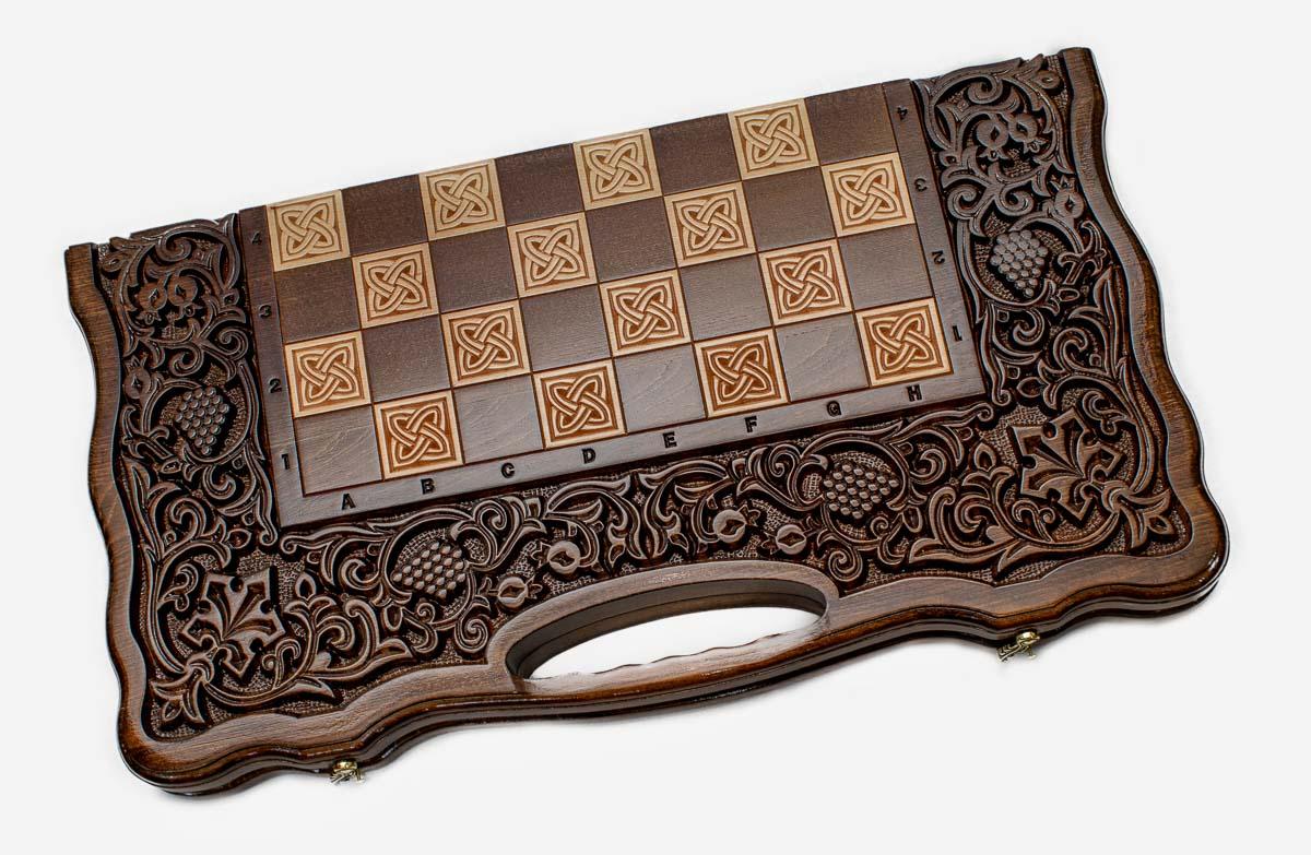 Pomegranate and Grapevine chess and backgammon set shown folded with carry handle