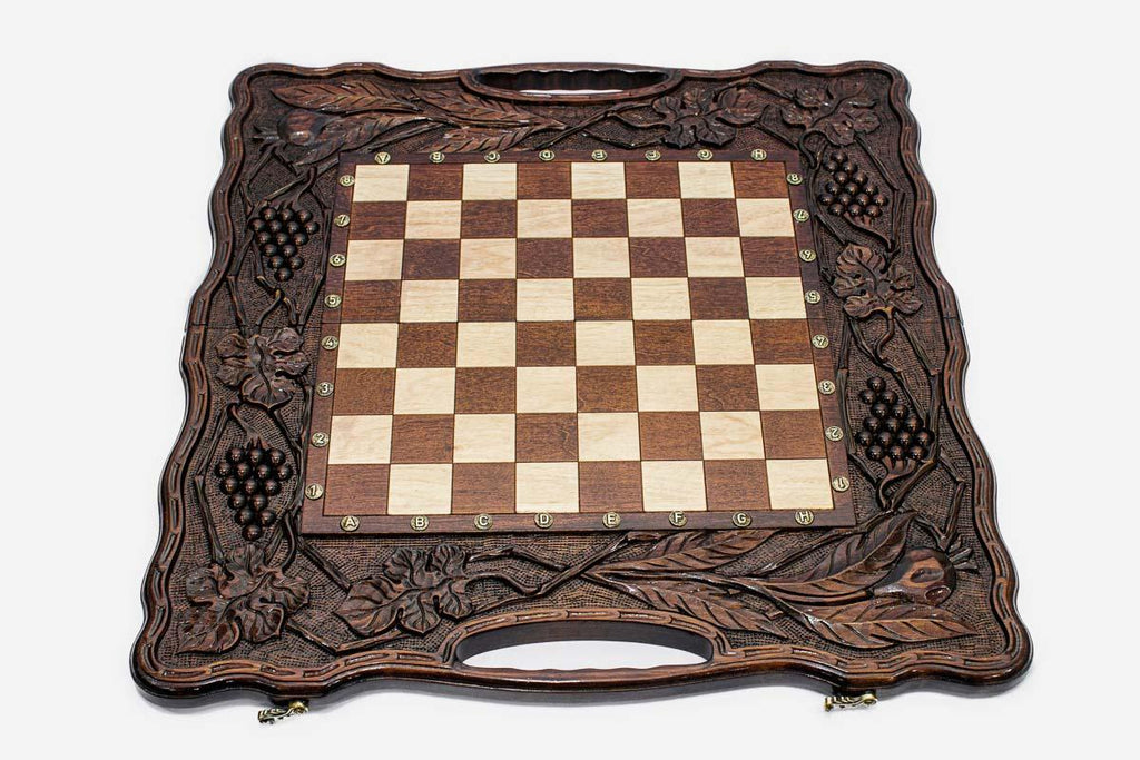 Pomegranate and Grapevine chess and backgammon set shown folded with carry handle