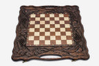 Pomegranate and Grapevine chess and backgammon set shown folded with carry handle