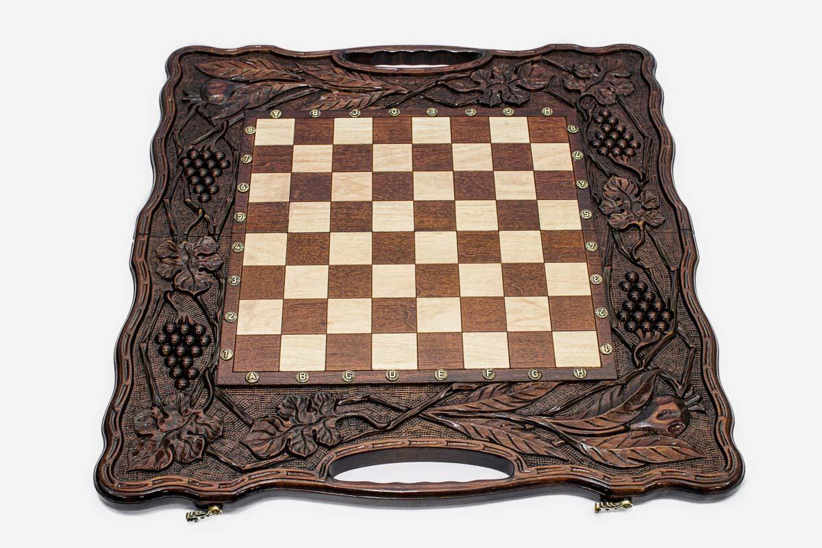 Pomegranate and Grapevine chess and backgammon set shown folded with carry handle
