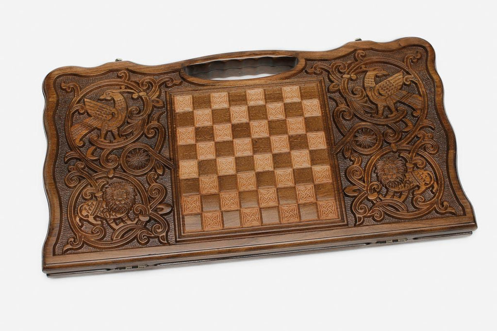 Angled view of the Russian coat of arms deluxe backgammon board