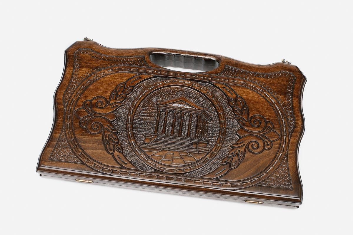 Compact carved beechwood backgammon board with the Temple of Garni and a carry handle, propped open