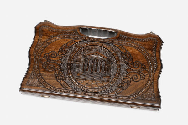 Compact carved beechwood backgammon board with the Temple of Garni and a carry handle, propped open