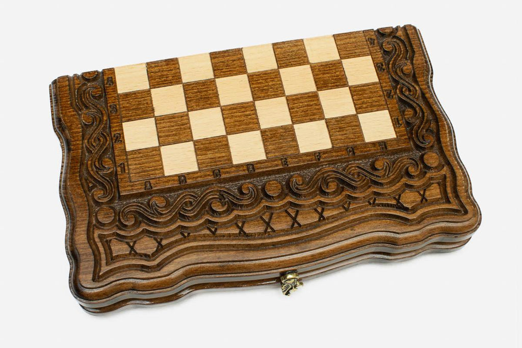 Ornamental Rosette chess set shown folded with carry handle