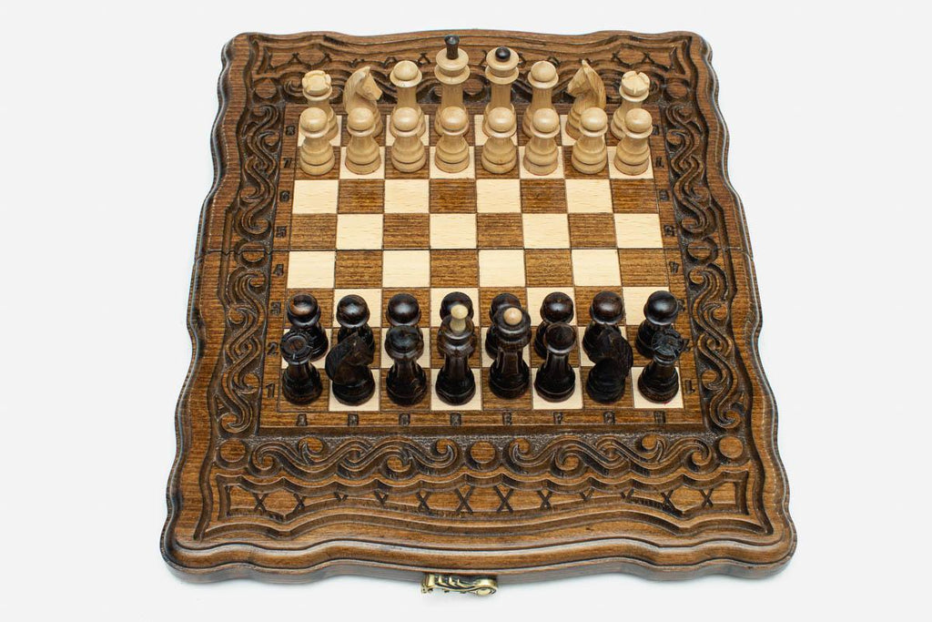 Compact Ornamental Rosette Beech Chess Set