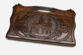 Compact carved beechwood backgammon board with Echmiadzin Cathedral and a carry handle, propped open