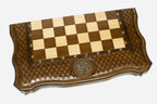 Coat of Arms chess set shown folded with carry handle