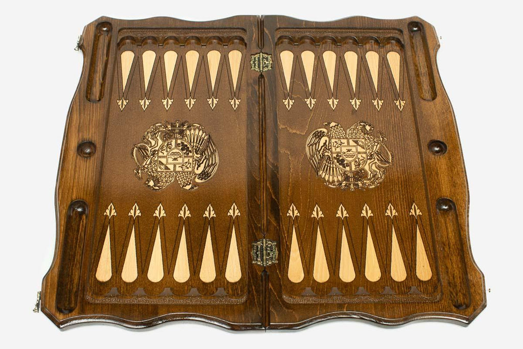 Close-up of the coat of arms of Armenia carving on the beech board