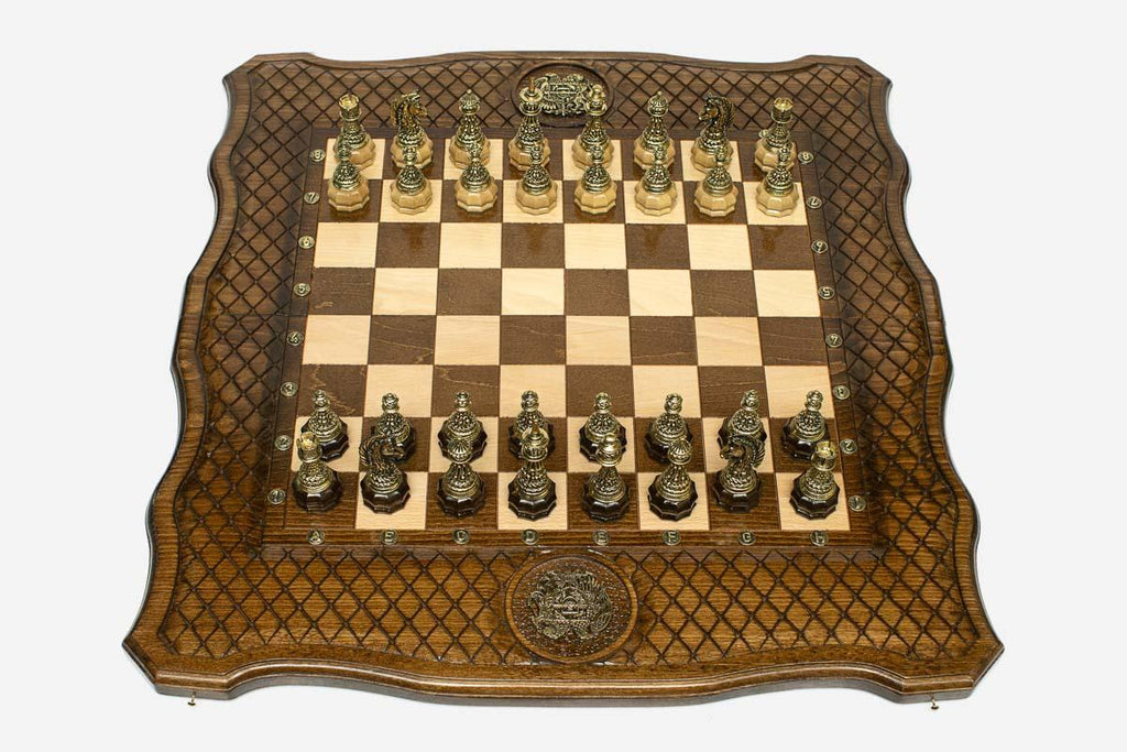 Coat of Arms Beech Chess Set with Bronze Pieces