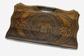 Compact carved beechwood backgammon board with the Saint Hripsime Church and a carry handle, propped open