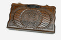Compact carved beechwood backgammon board with the Russian coat of arms and a carry handle, propped open