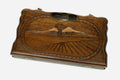 Compact carved beechwood backgammon board with Mount Ararat and a carry handle, propped open