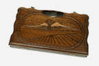 Compact carved beechwood backgammon board with Mount Ararat and a carry handle, propped open