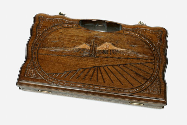 Compact carved beechwood backgammon board with Mount Ararat and a carry handle, propped open