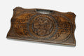 Compact carved beechwood backgammon board with the Russian coat of arms and a carry handle, propped open