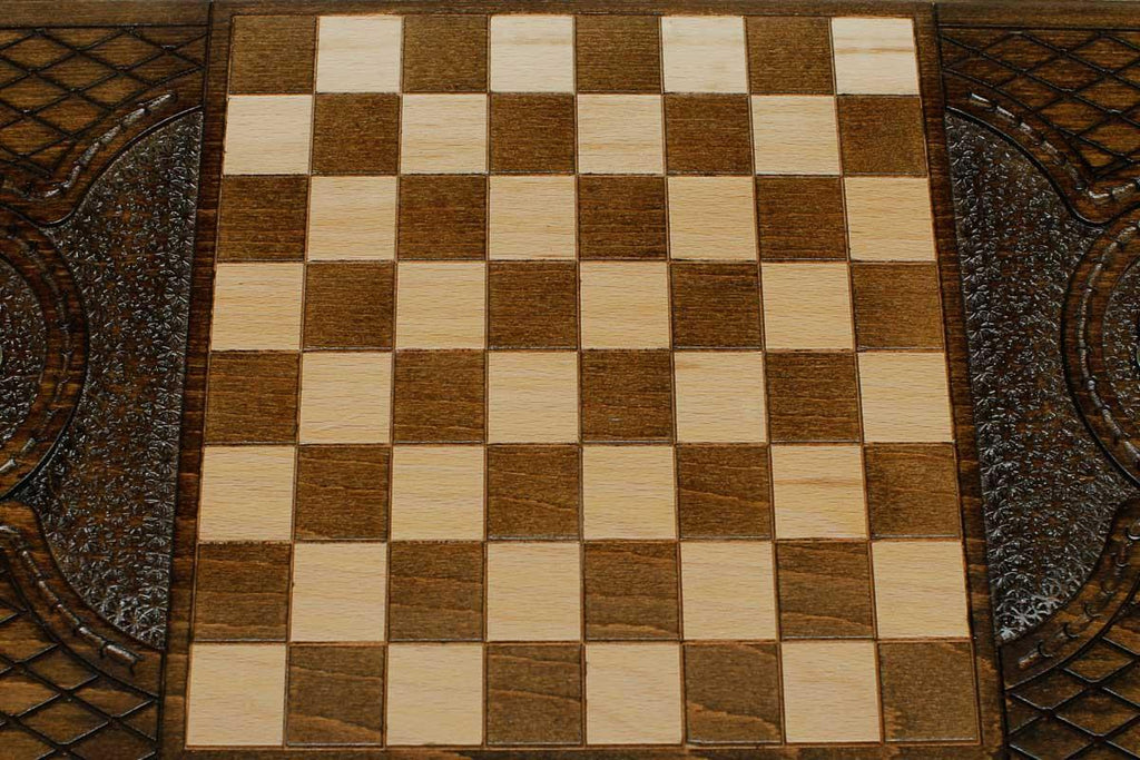 Angled view of the bronze medallion ornament backgammon board