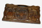 Carved beechwood backgammon board with three Russian landmark medallions and a carry handle, propped open