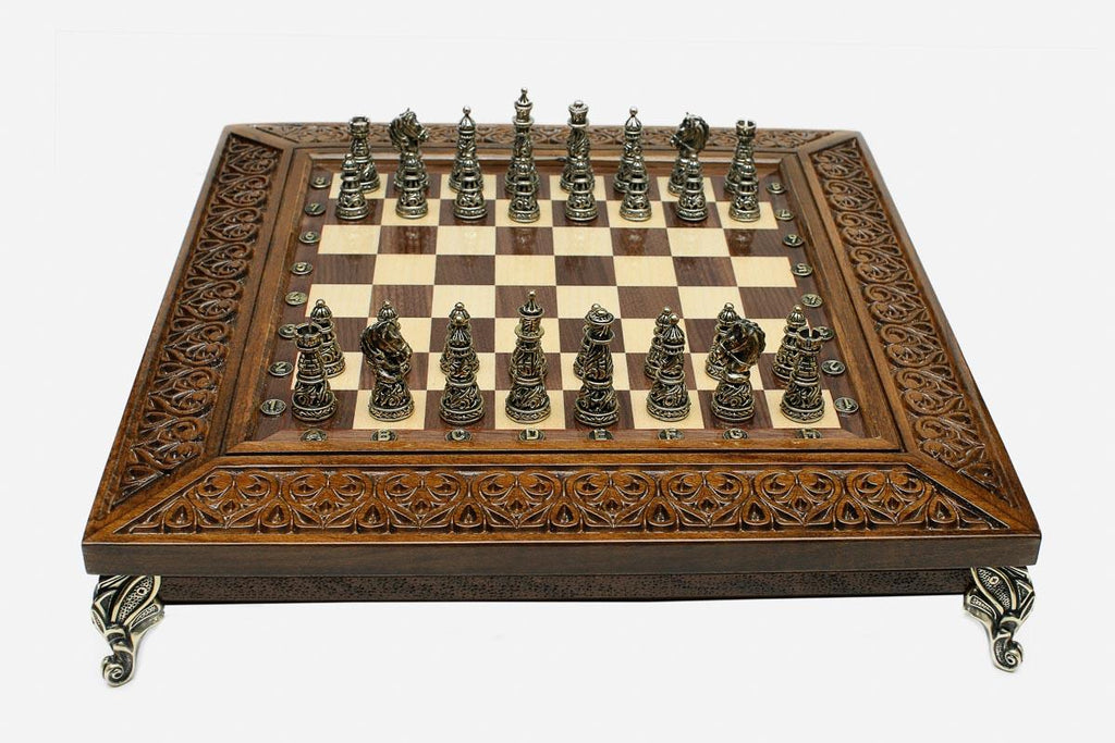 Carved Beech Chess Set with Bronze Pieces IV