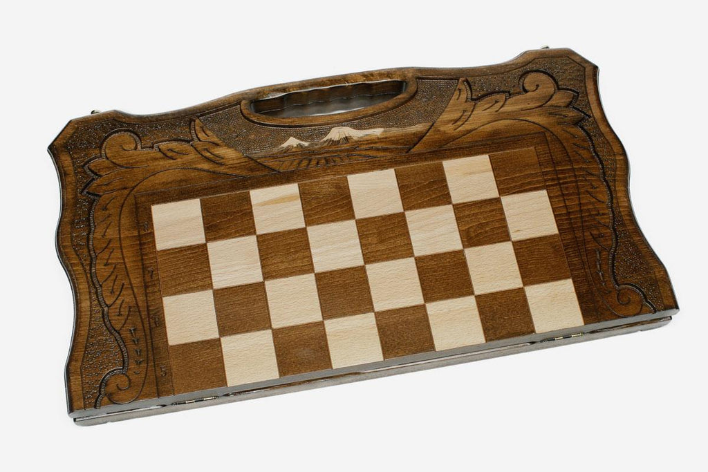 Mount Ararat chess and backgammon set shown folded with carry handle
