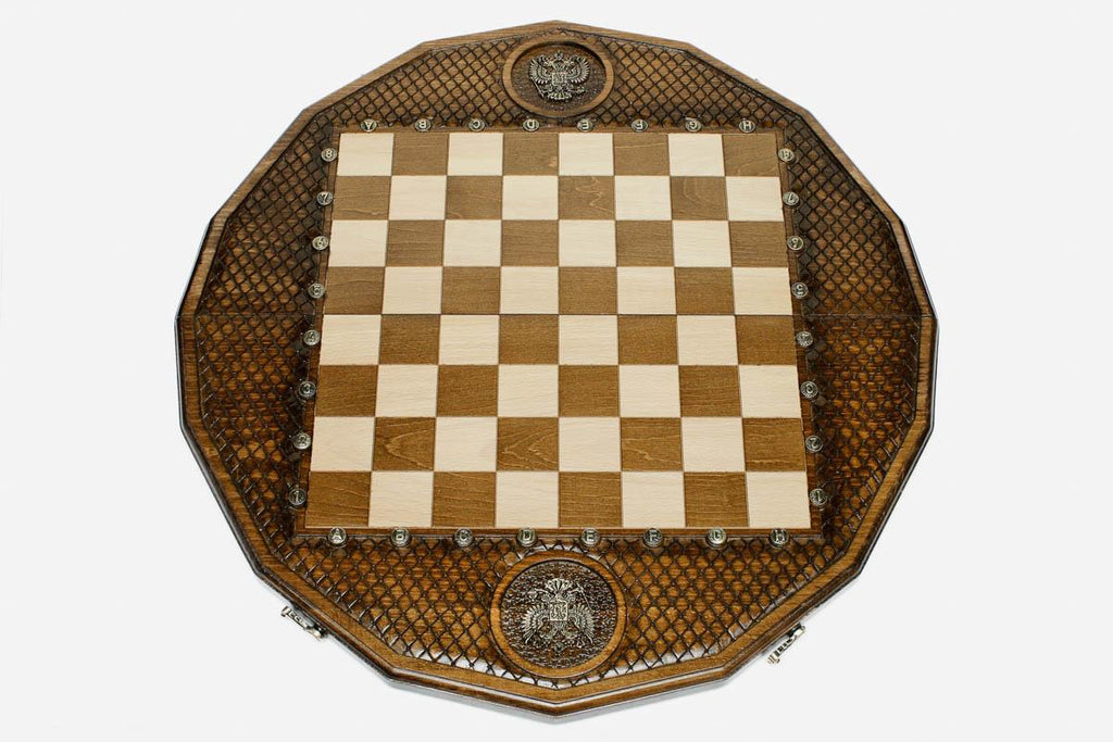 Overhead view of the lattice-carved board and full bronze army