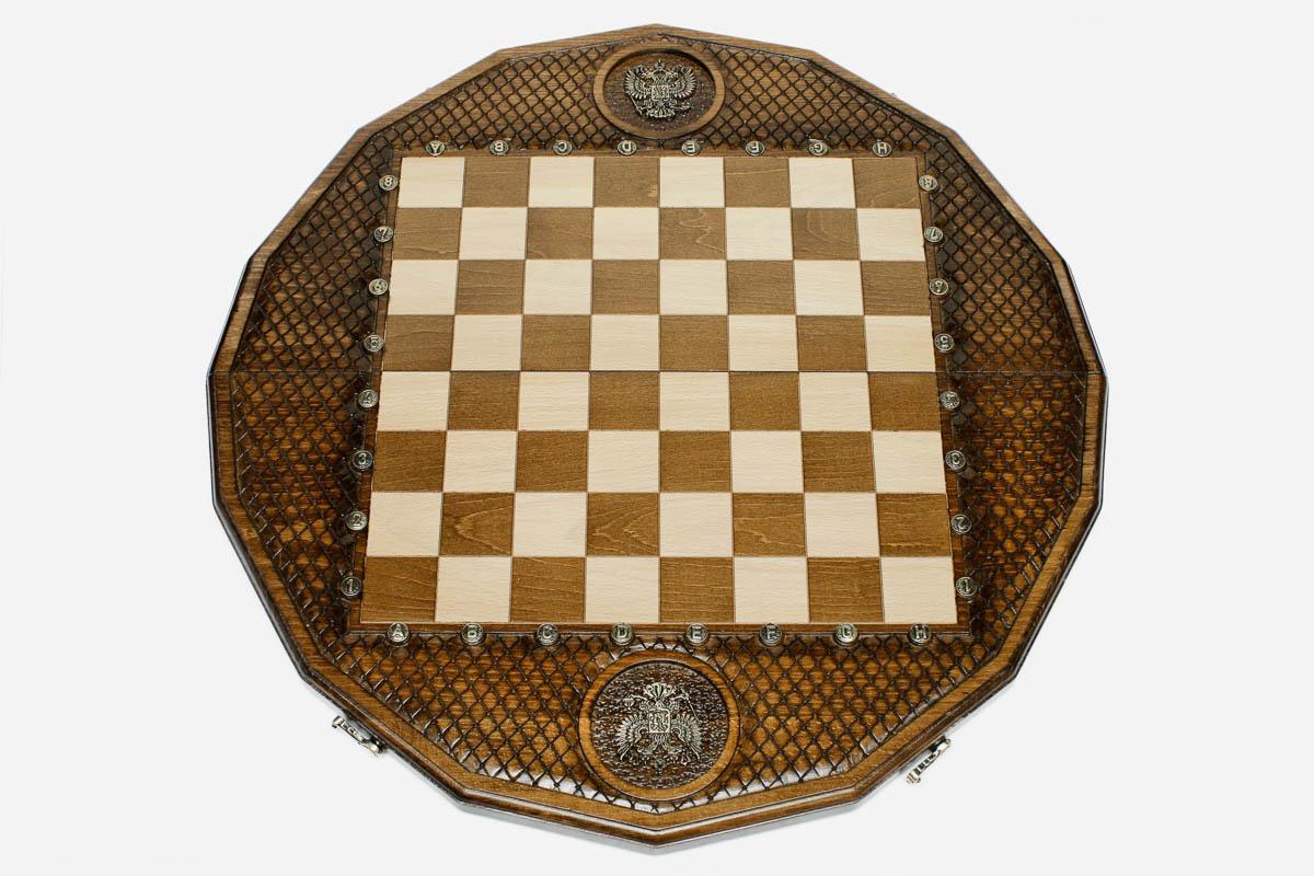 Overhead view of the lattice-carved board and full set of wooden pieces