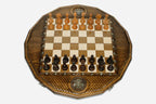 Twelve-sided carved chess board with an inlaid Russian coat-of-arms medallion and turned wooden pieces set up for play