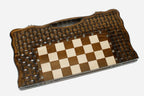 Lattice chess and backgammon set shown folded with carry handle
