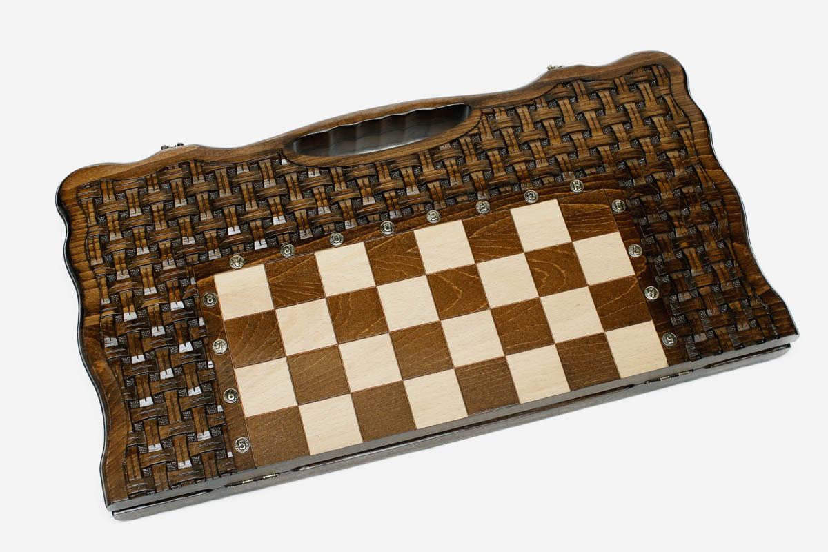 Lattice chess and backgammon set shown folded with carry handle