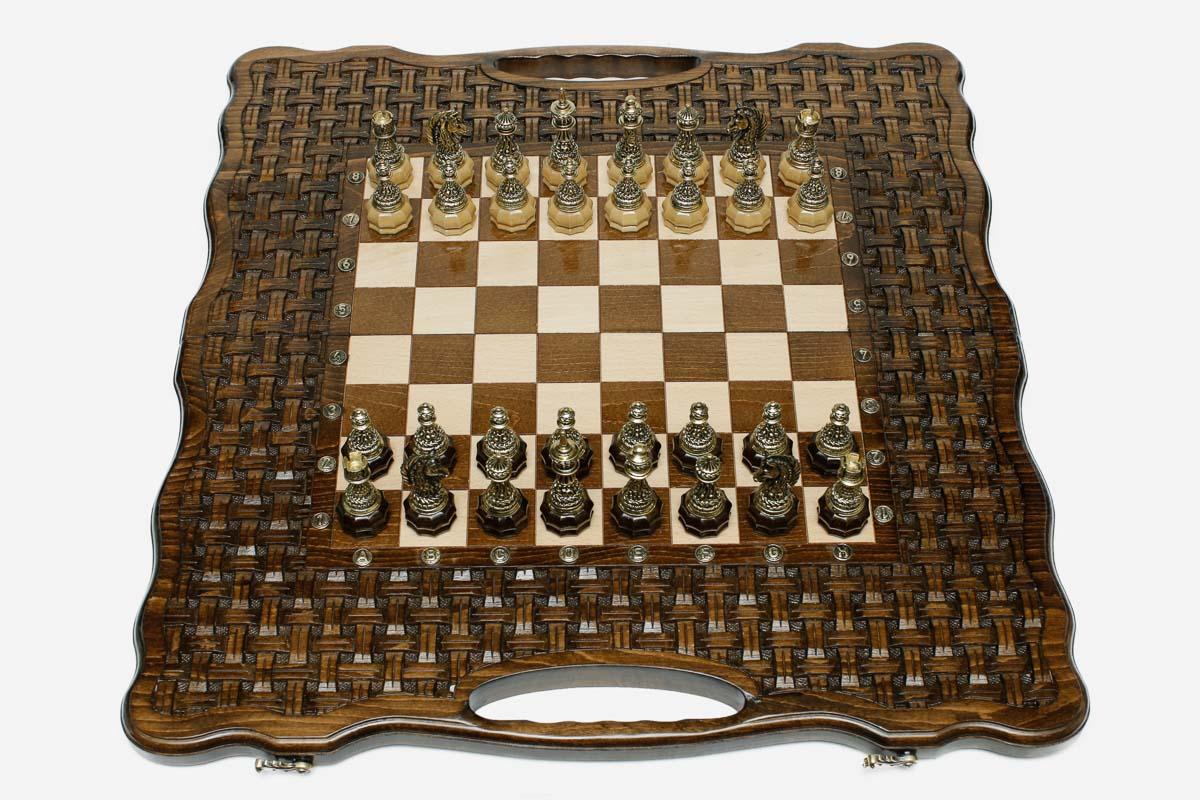 Lattice Beech Chess and Backgammon Set with Bronze Pieces