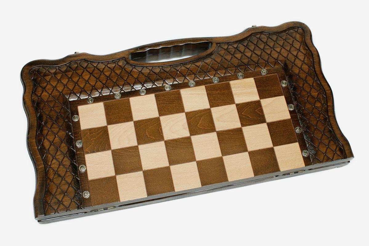 Baklava Lattice chess and backgammon set shown folded with carry handle