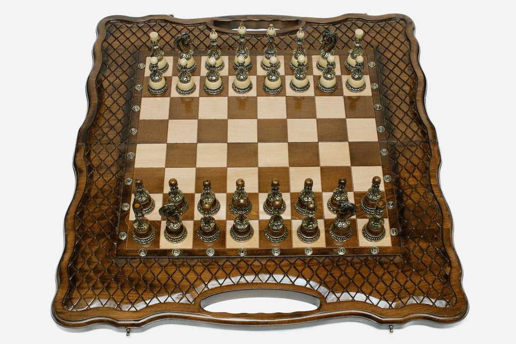Baklava Lattice Beech Chess and Backgammon Set with Bronze Pieces