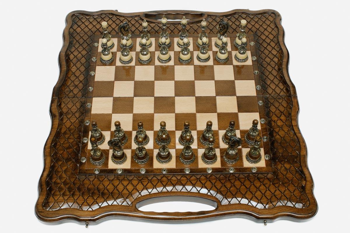 Baklava Lattice Beech Chess and Backgammon Set with Bronze Pieces