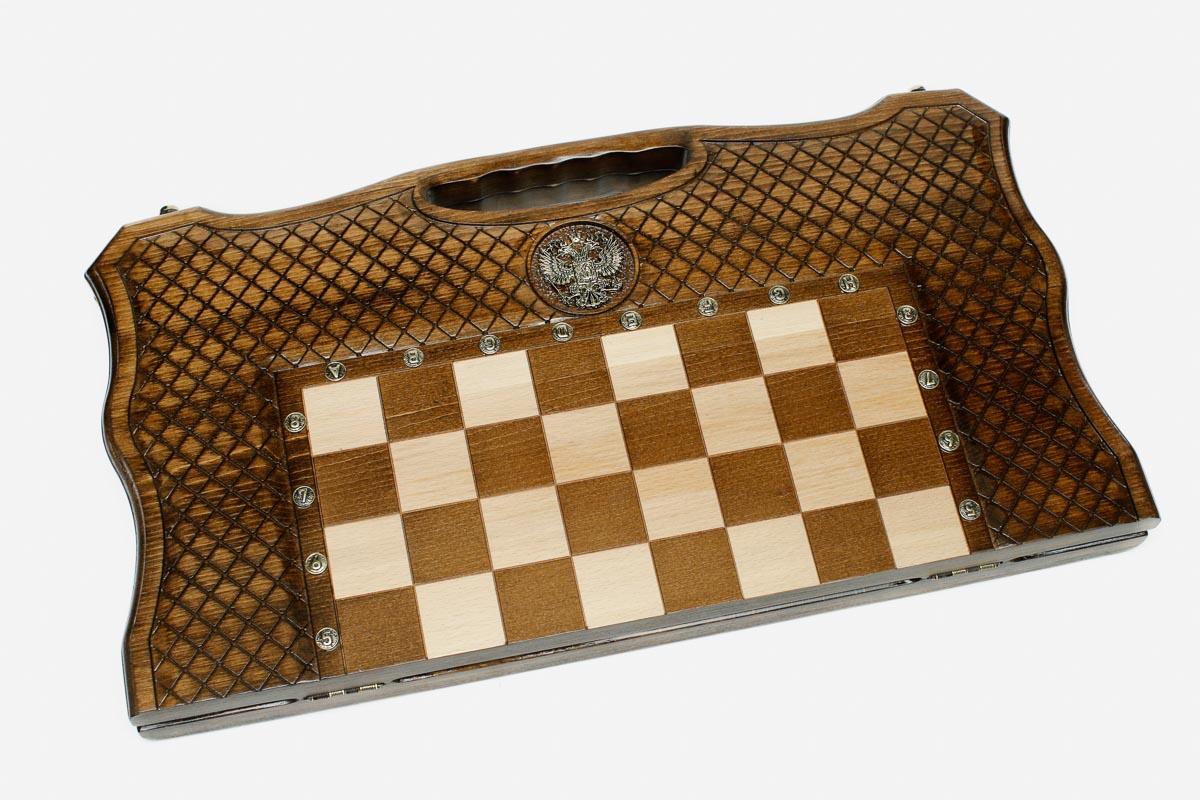 Russian Coat of Arms chess and backgammon set shown folded with carry handle