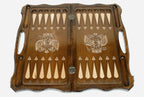 Close-up of the Russian coat of arms carving on the beech board