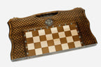Russian Coat of Arms chess and backgammon set shown folded with carry handle