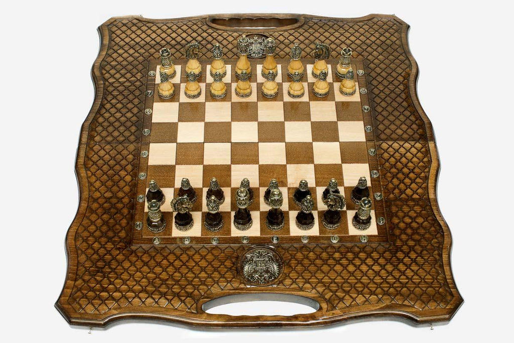 Russian Coat of Arms Beech Chess and Backgammon Set with Bronze Pieces
